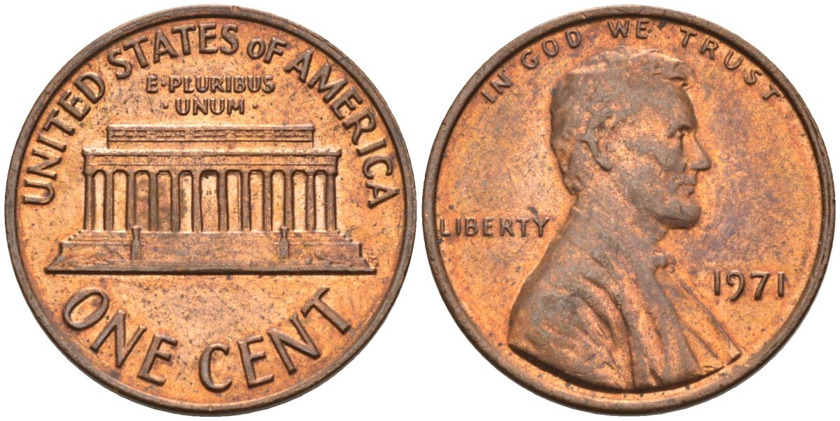 США 1 цент 1971 Линкольн KM 201 медь цинк 4115-867