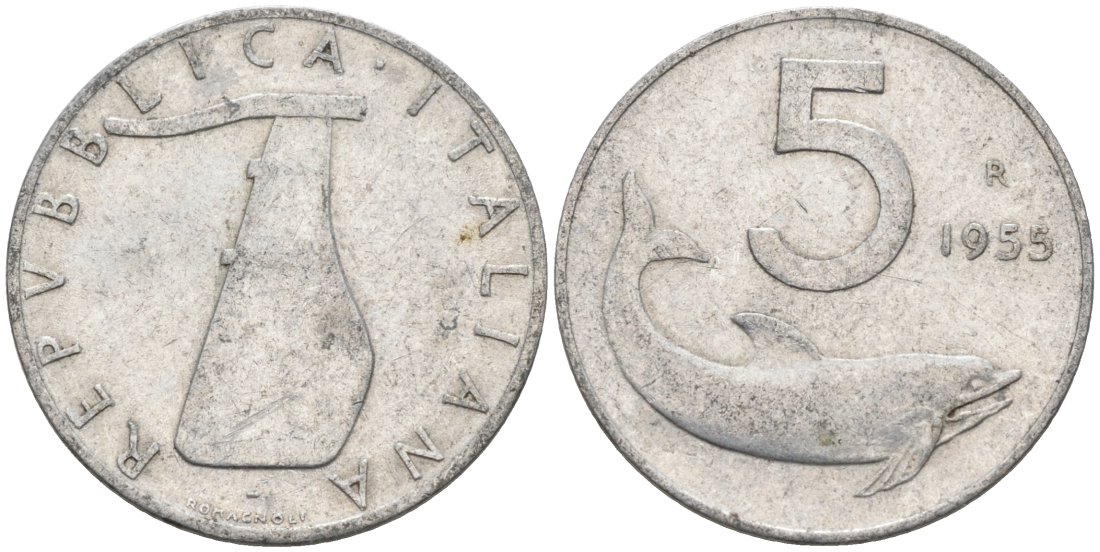 Италия 5 лир 1955 R, дельфин, руль KM 92 алюминий 4567-718