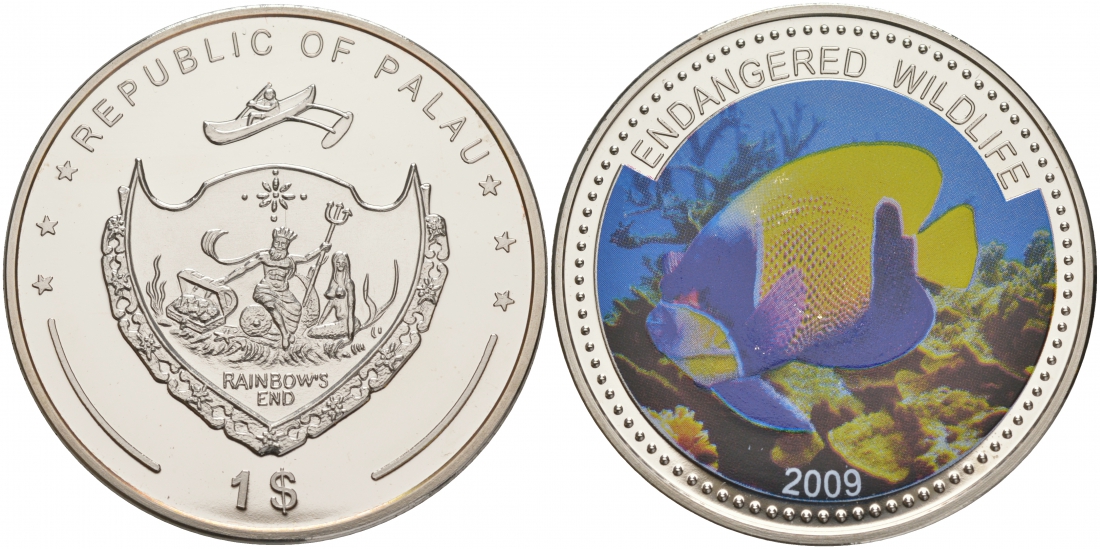 Палау 1 доллар 2009 серия вымирающие виды, рыба ангел, цветная эмаль KM 283 медно-никель PROOF M39-18