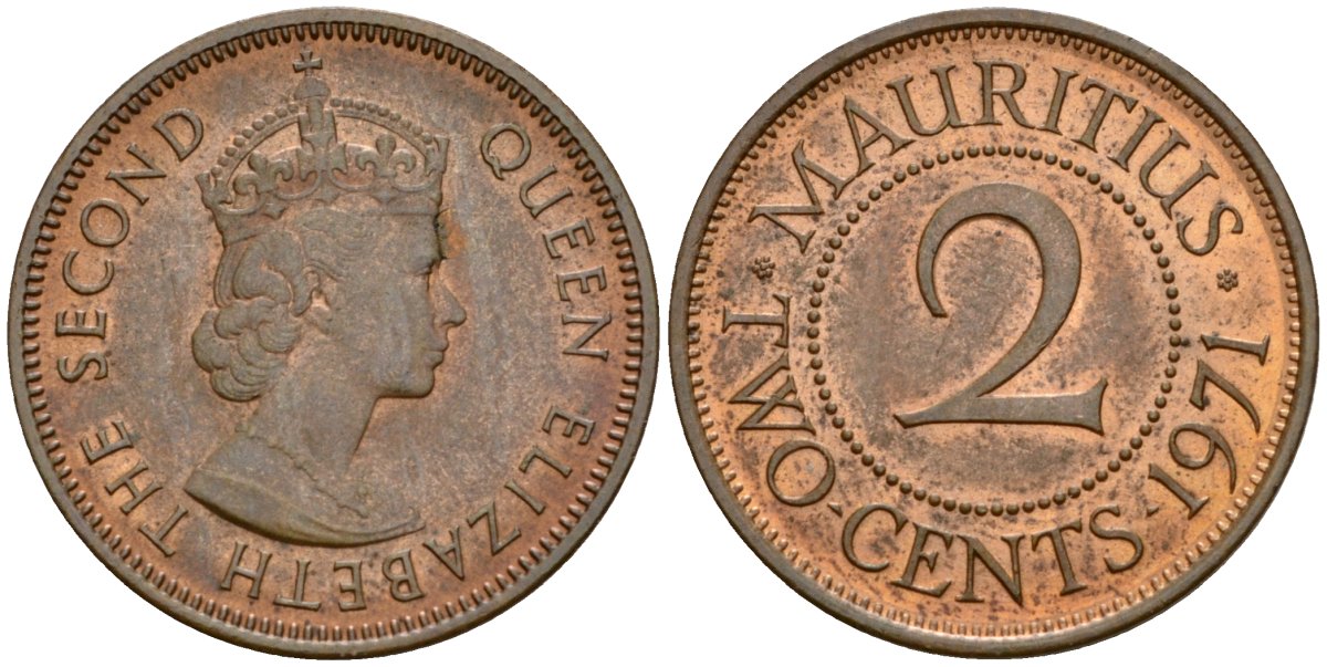 Маврикий 2 цента 1971 Елизавета II (1953-1986) KM 32 бронза UNC 4514-955