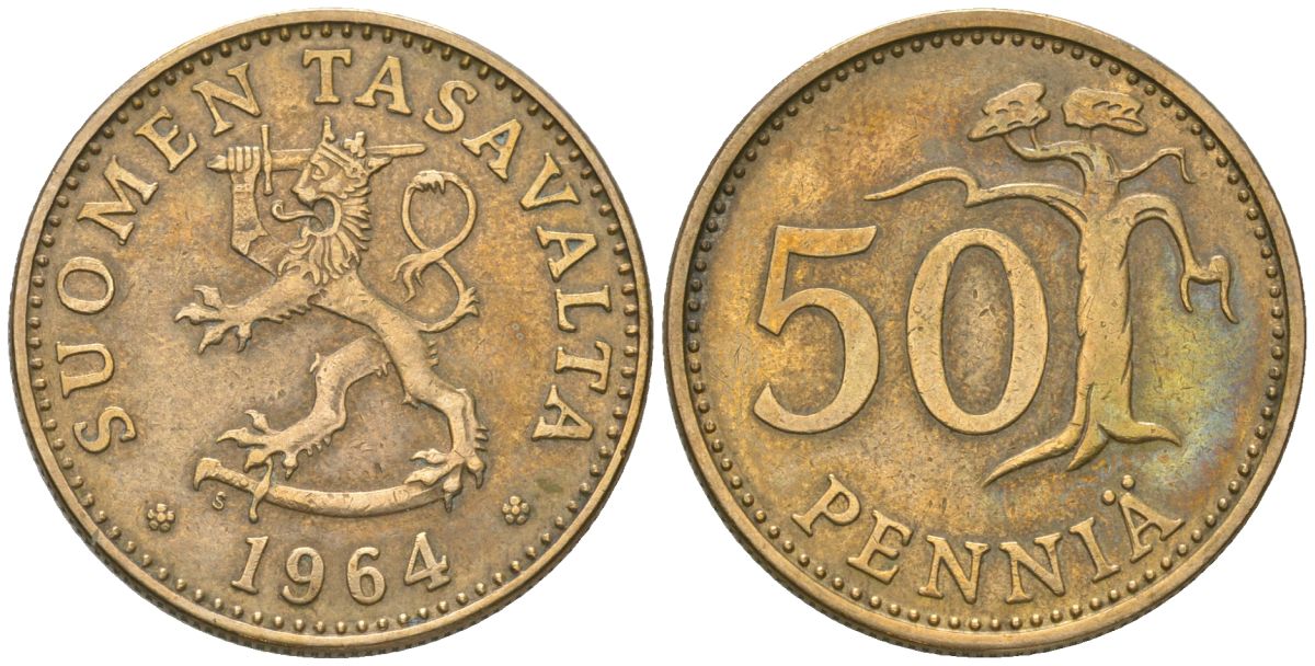 Финляндия 50 пенни 1964 S KM 48 алюминиевая бронза 4586-532