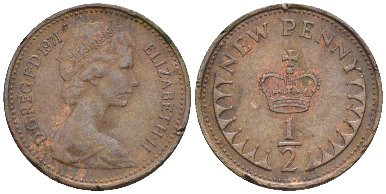 Великобритания 1/2 пенни 1971 Елизавета II (1952-2022) KM 914, Spink 4239 бронза 4609-955