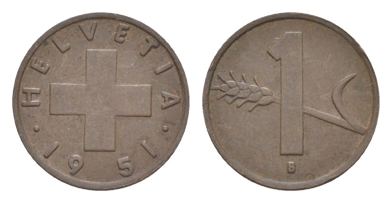 Швейцария 1 раппен 1951 B KM 46 бронза 4630-526