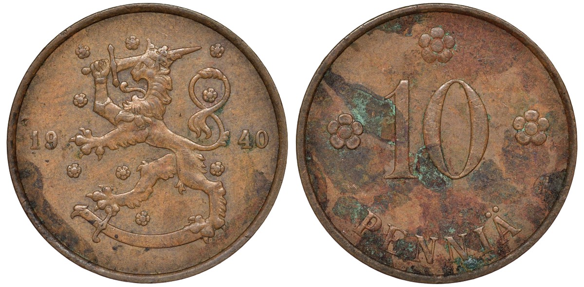 Финляндия 10 пенни 1940 республика (1918-1962) KM 24 медь 51-3237