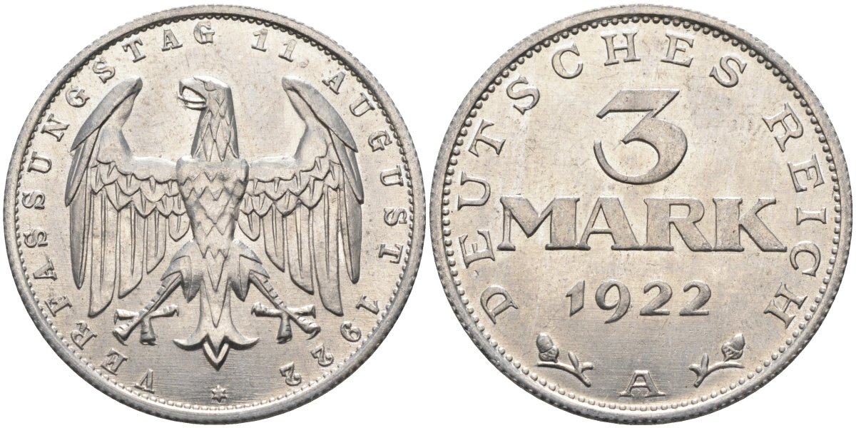 Германия 3 марки 1922 A, третья годовщина Веймарской Конституции KM 29, J.303 алюминий UNC 4587-141