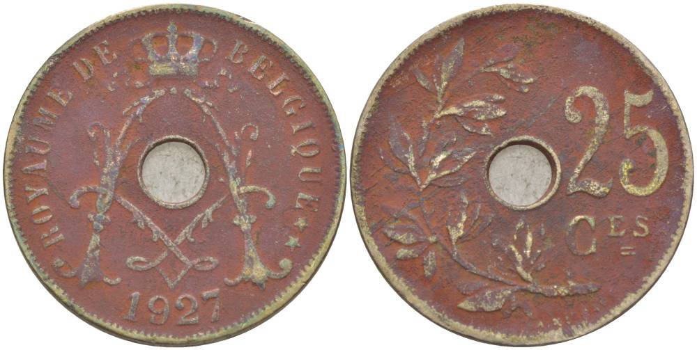 БЕЛЬГИЯ 25 САНТИМОВ 1927 BELGIQUE KM 68.1 медно-никель 4546-152