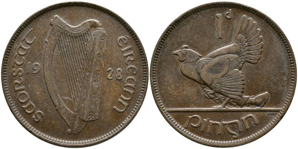 Ирландия 1 пенни 1928 курица с цыплятами KM 3 бронза 4531-622
