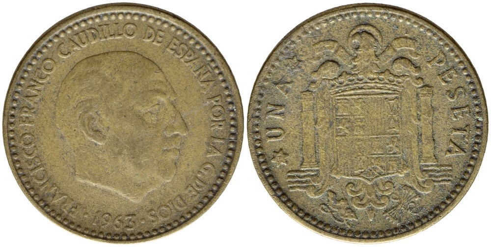 ИСПАНИЯ 1 ПЕСЕТА 1963 (65) ФРАНСИСКО ФРАНКО ДИКТАТОР ИСПАНИИ (1939-1975) KM 775 алюминиевая бронза 4397-616