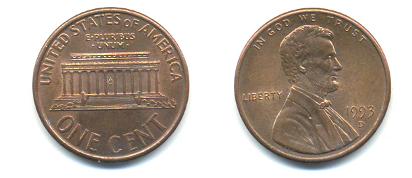 США 1 цент 1993 D, Авраам Линкольн KM 201b цинк плакированный медью 86-269