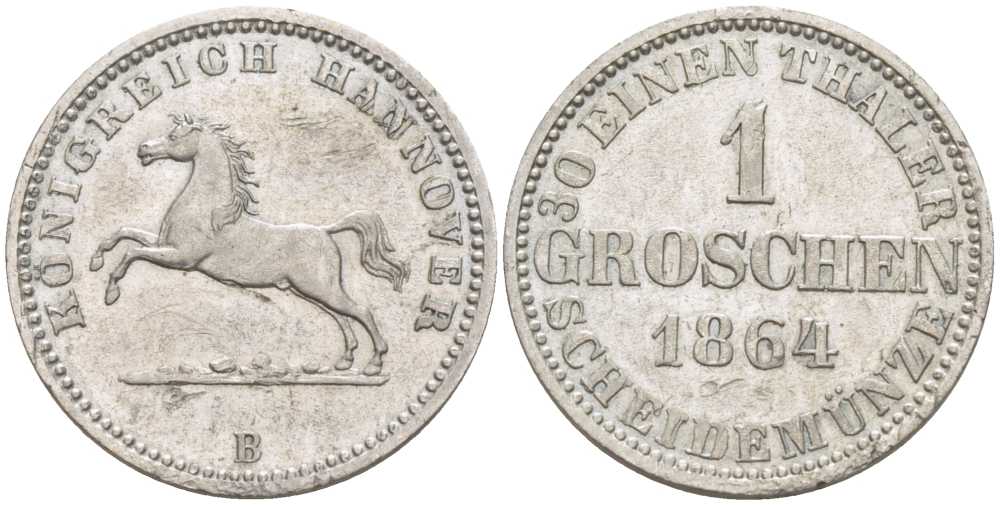 Брауншвейг-Каленберг-Ганновер 1 грош 1864 В, Георг V (1851-1866) KM 236, Jaeger 93, AKS 149 серебро 206-337