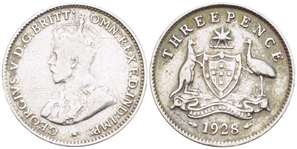 Австралия 3 пенса 1928 m, Георг V (1910-1936), герб Австралии KM 24 серебро 26-1143