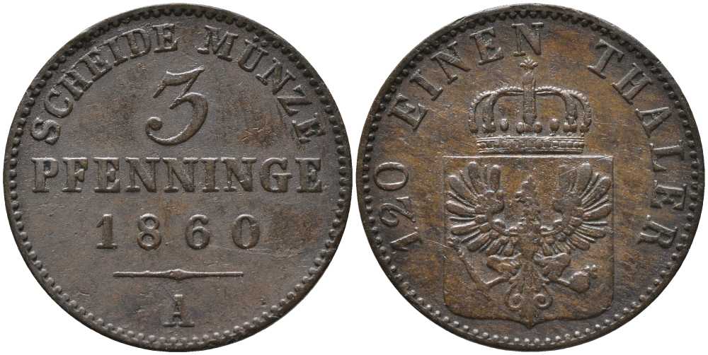 ПРУССИЯ 3 ПФЕННИГА 1860 А, ФРИДРИХ ВИЛЬГЕЛЬМ IV (1840-1861) KM 453 медь 4448-1125