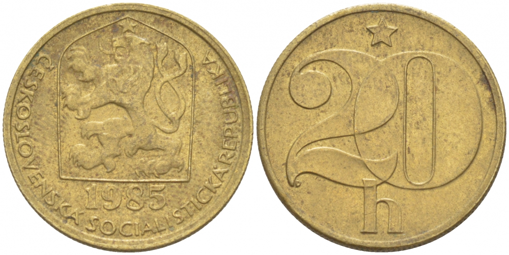 ЧЕХОСЛОВАКИЯ 20 ГЕЛЛЕРОВ 1985 KM 74 латунь 3309-669