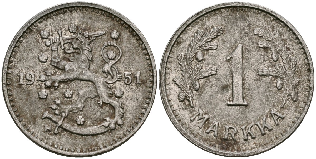Финляндия 1 марка 1951 Н KM 30b железо 4580-1257