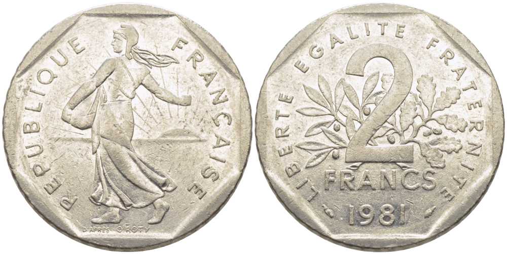 ФРАНЦИЯ 2 ФРАНКА 1981 СЕЯТЕЛЬ KM 942.1, LE FRANC 272.5 никель 111-1114