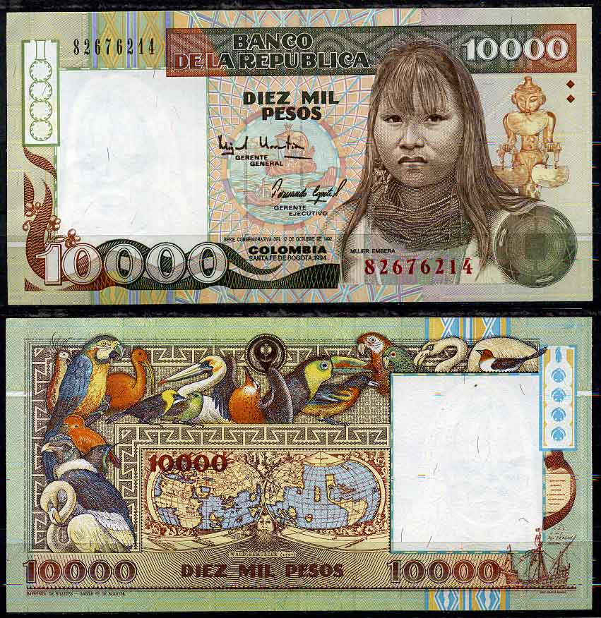 Колумбия 10000 песо 1994 Banco de la Republica, 12 октября 1994, женщина Эмбера, карта земного нара 1507 года, птицы Pick 437A бумага UNC (пресс) 451-542-3