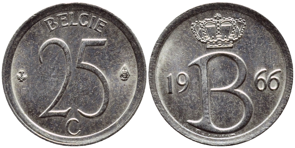 Бельгия 25 сантимов 1966 Belgie, Бодуэн I (1951-1993) KM 154.1 медно-никель 4392-858