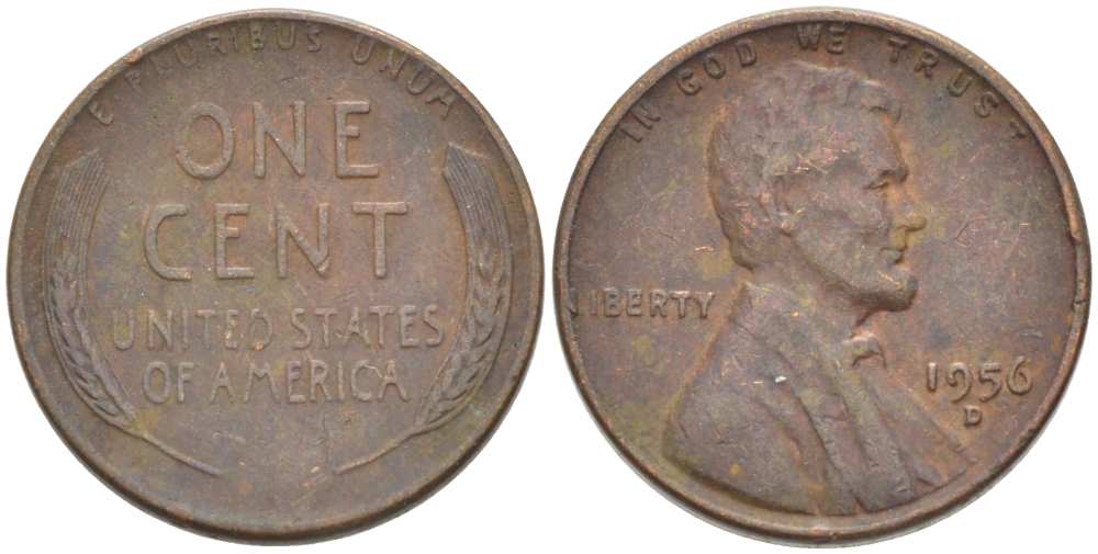 США 1 ЦЕНТ 1956 D, ЛИНКОЛЬН KM А132 медь цинк 3309-1159