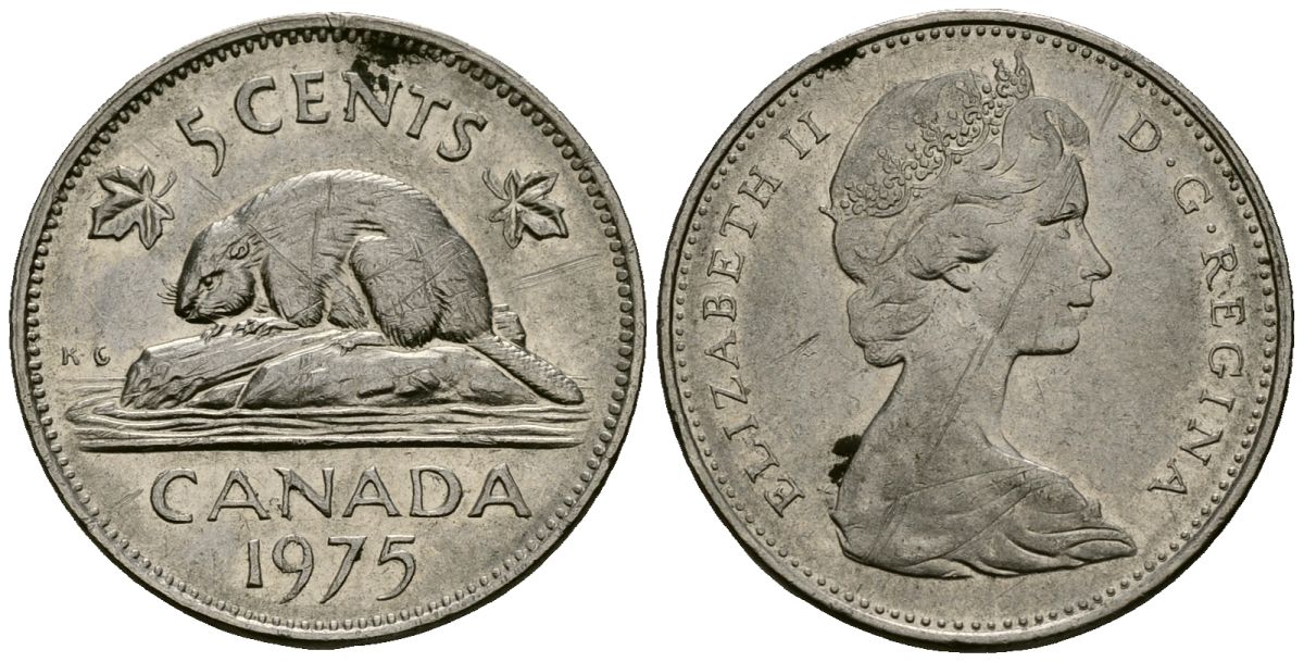 Канада 5 центов 1975 Елизавета II (1952-2022), бобр KM 60.1 никель 4167-924