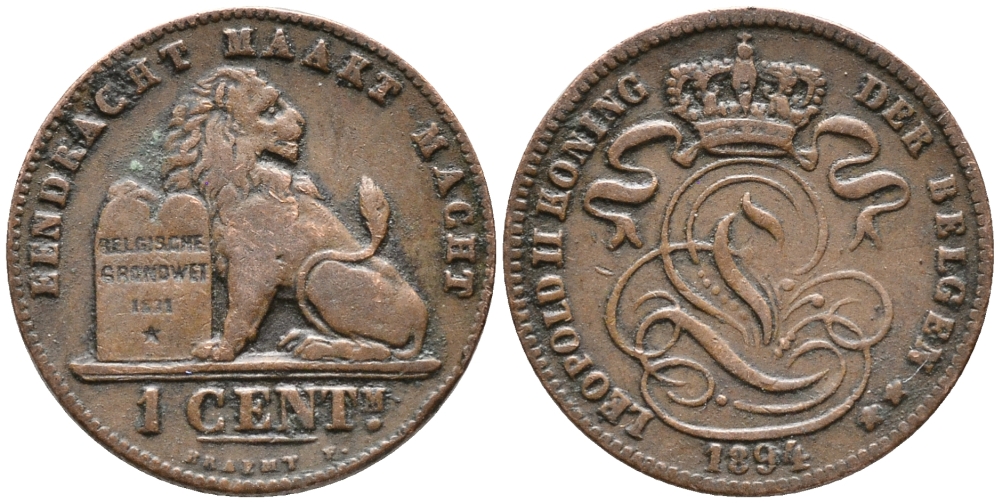 БЕЛЬГИЯ 1 САНТИМ 1894 KM 34.1 медь 100-457