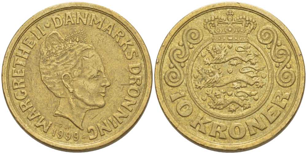 ДАНИЯ 10 КРОН 1999 LG; JP; A, МАРГРЕТЕ II (1972-) KM 877 алюминиевая бронза 67-724