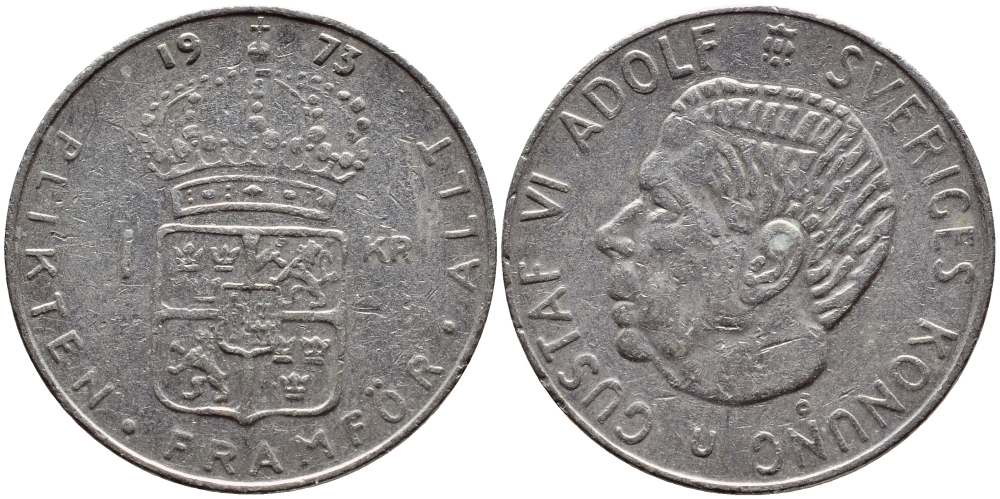 Швеция 1 крона 1973 Густав VI Адольф (1950-1973) KM 826а медь плакированная медно-никелем 4395-741