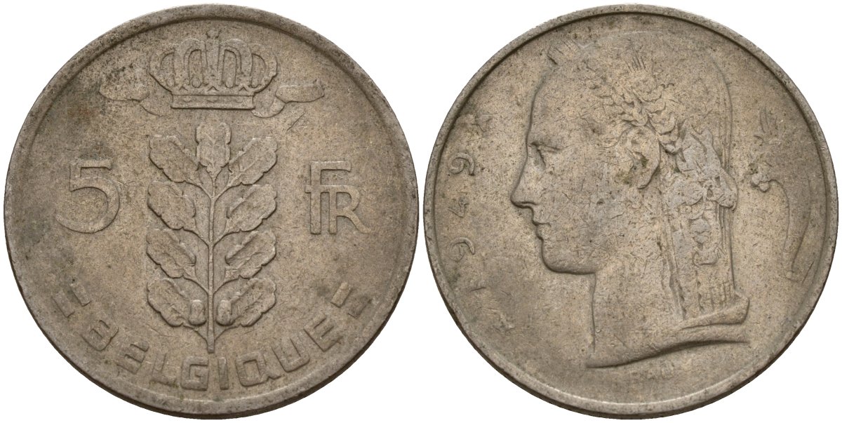 Бельгия 5 франков 1949 Леопольд III (1934-1950), Belgique KM 134.1 медно-никель 4156-646
