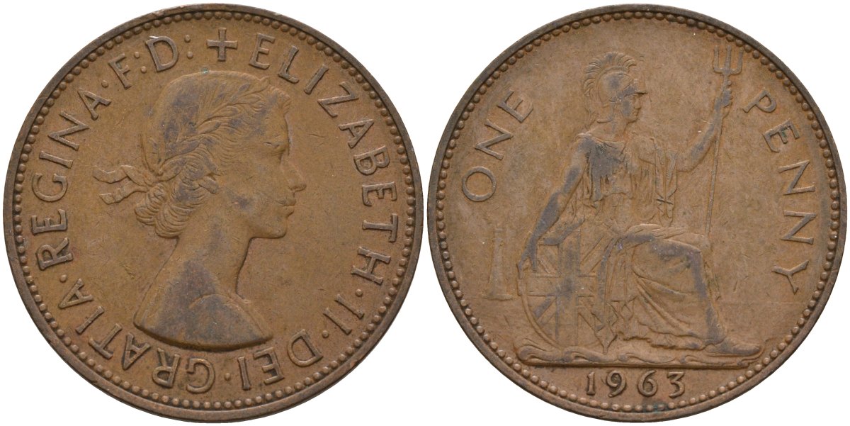 Великобритания 1 пенни 1963 Елизавета II (1952-2022) КМ 897, Spink 4157 бронза 4144-926
