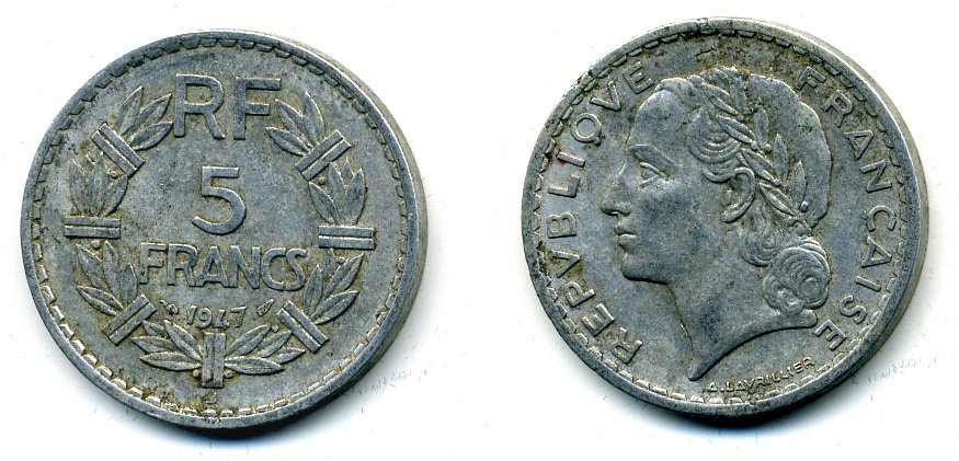 ФРАНЦИЯ 5 ФРАНКОВ 1947 B, CLOSED 9 KM 888b.2 алюминий 36-1252