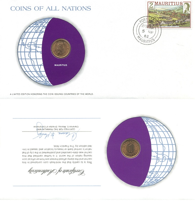 Маврикий 1 цент 1975 КОНВЕРТ С МАРКОЙ ПЕРВОГО ДНЯ ГАШЕНИЯ, COINS OF NATIONS KM 31 бронза UNC 4294-65-3
