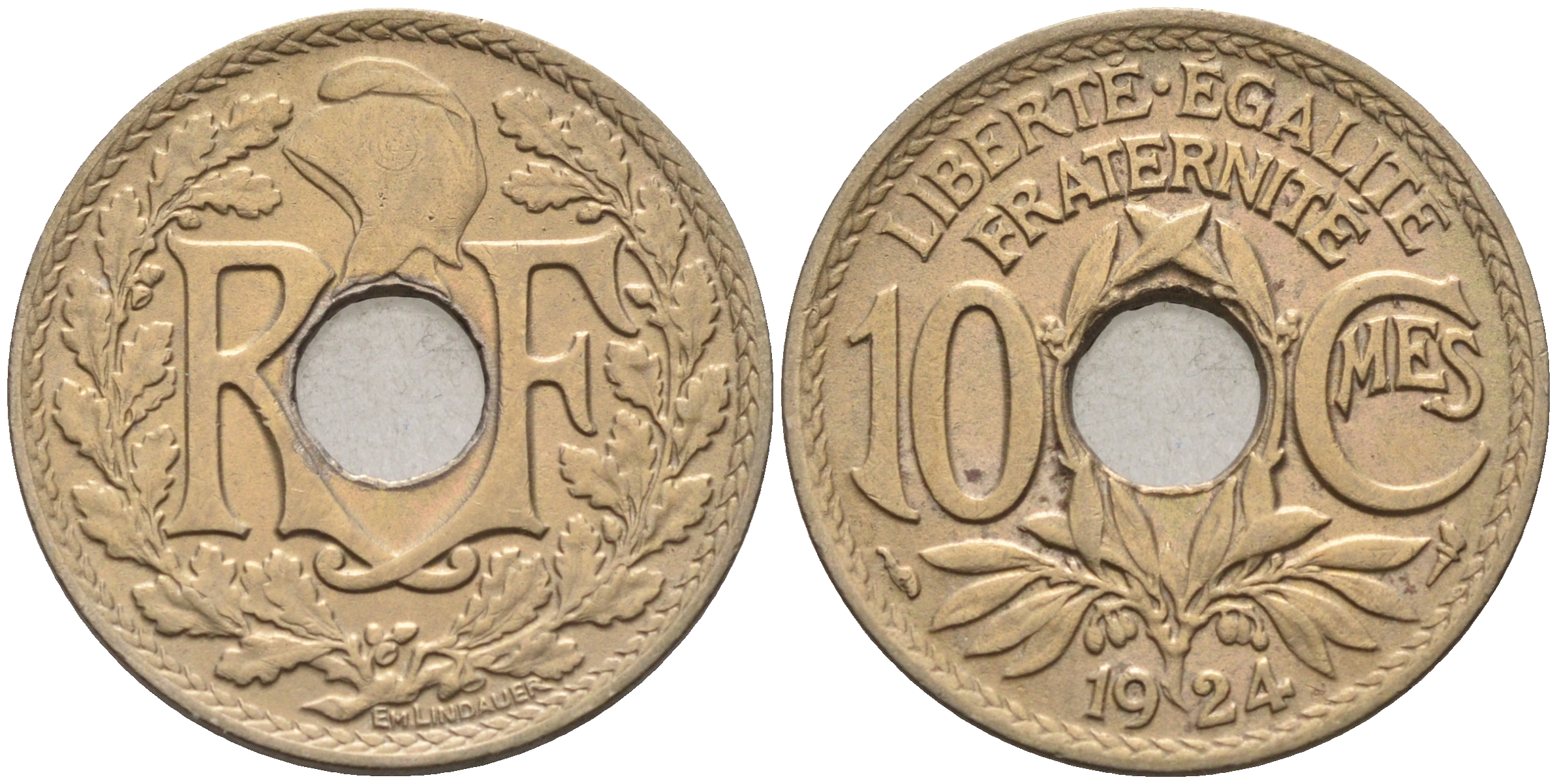 Франция 10 сантимов 1924 тип Линдайё KM 866а медно-никель 4116-452