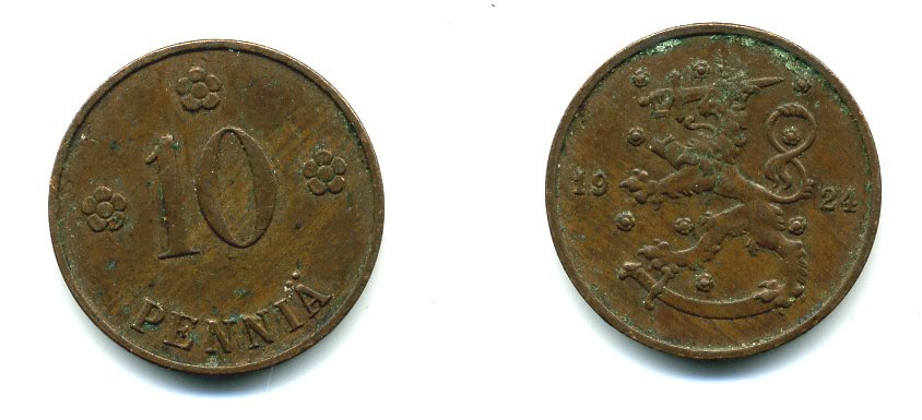 Финляндия 10 пенни 1924 республика (1918-1962) KM 24 медь 46-1117