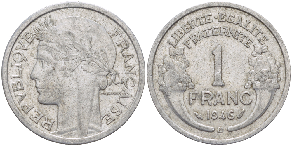 ФРАНЦИЯ 1 ФРАНК 1946 В,ТИП MORLON, LEGERE KM 885а.2, LE FRANC 221.10 алюминий 76-1013