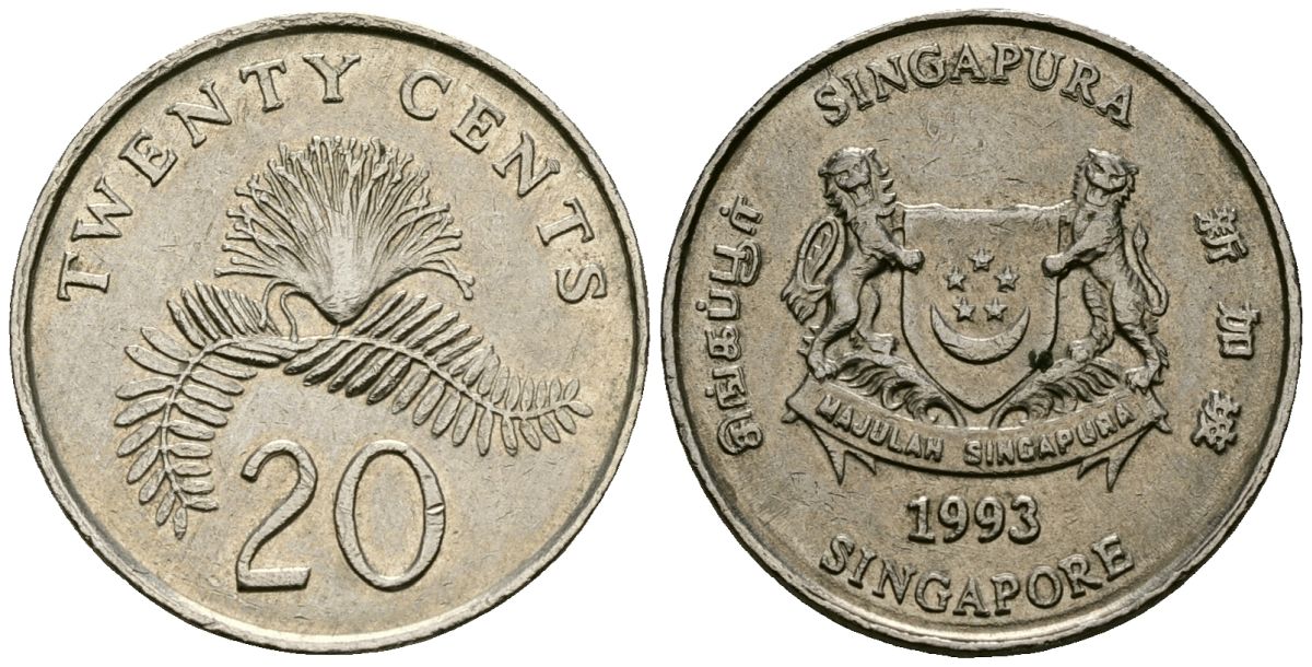 Сингапур 20 центов 1993 KM 101 медно-никель 4138-537