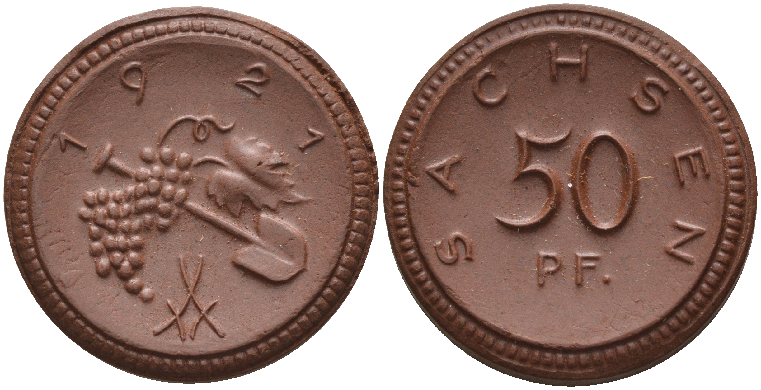 Саксония 50 пфеннигов 1921 виноград и лопата J. N 54 фарфор 1094-5-53