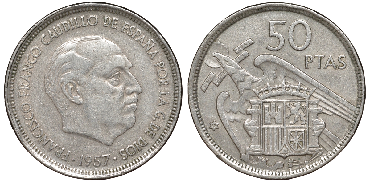 Испания 50 песет 1957 (58) Франсиско Франко (1939-1975) KM 788 медь никель цинк 4168-1123