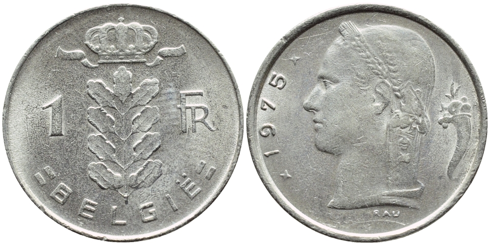Бельгия 1 франк 1975 Belgie, Бодуэн I (1951-1993) KM 143.1 медно-никель 4622-312