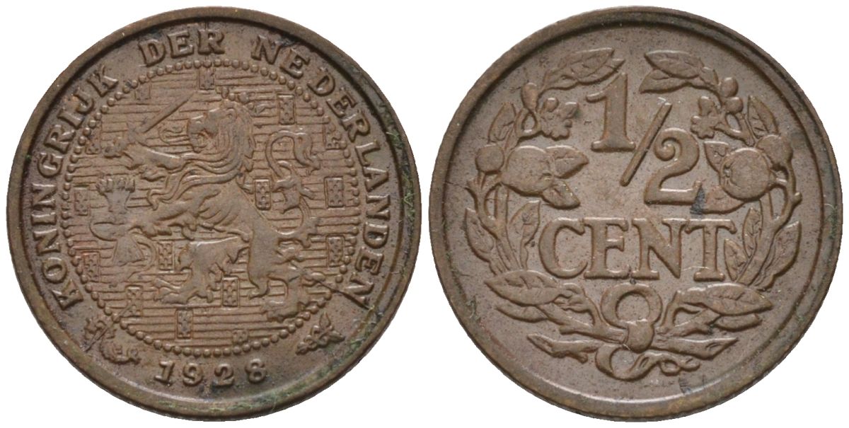 Нидерланды 1/2 цента 1928 Вильгельмина (1890-1948) KM 138 бронза 4588-949
