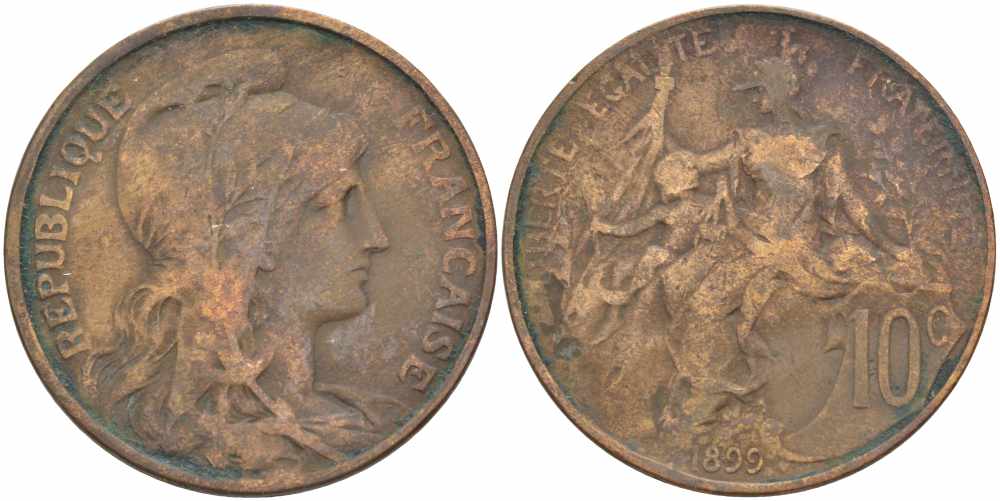 ФРАНЦИЯ 10 САНТИМОВ 1899 ТИП ДАНИЭЛЬ ДЮПЮИ KM 843, LA FRANC 136.8 бронза 109-124