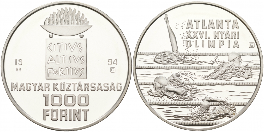 Венгрия 1000 форинтов 1994 XXVI Олимпийские игры в Атланте, плавание KM 712 серебро PROOF 02-039-15