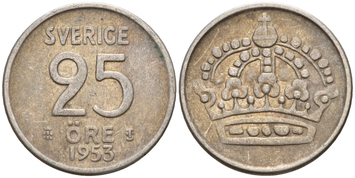Швеция 25 эре 1953 TS, Густав VI Адольф (1950-1973) KM 824 серебро 4147-1032