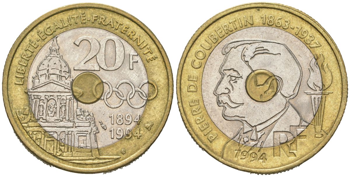 Франция 20 франков 1994 100 лет Международному олимпийскому комитету KM 1036, Le Franc 405 биметалл aUNC 4599-723