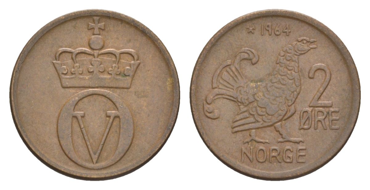 Норвегия 2 эре 1964 Улаф V (1957-1991) KM 410 бронза 4635-342