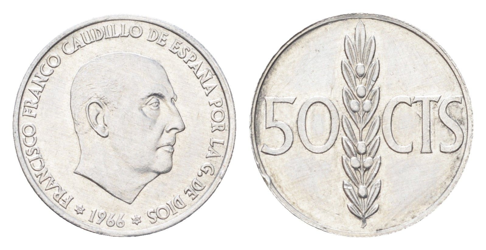 Испания 50 сентимо 1966 (67) Франсиско Франко (1939-1975) KM 795 алюминий aUNC 4705-1023