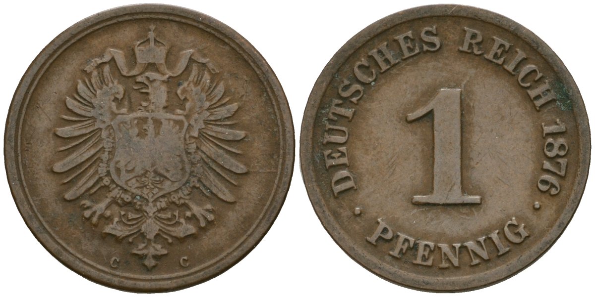 Германия 1 пфенниг 1876 C, Вильгельм I (1871-1888) KM 1, J. 1 медь 4136-1267
