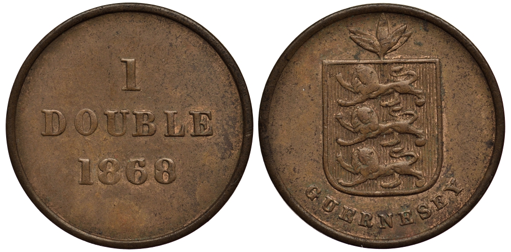 Гернси 1 дабл (дубль) 1868 KM 10 бронза 1524-1212