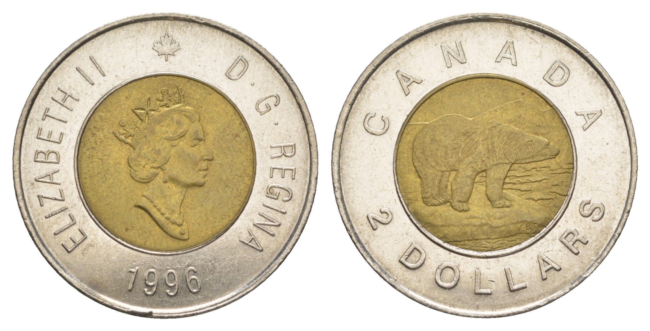 Канада 2 доллара 1996 Елизавета II (1952-2022), полярный медведь KM 270 биметалл UNC 4637-1024