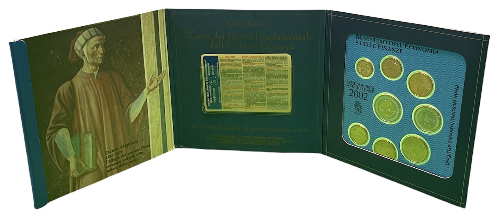 Италия евронабор из 8 монет в буклете 2002 карточка с конституцией Евросоюза    UNC  5-6-1-19
