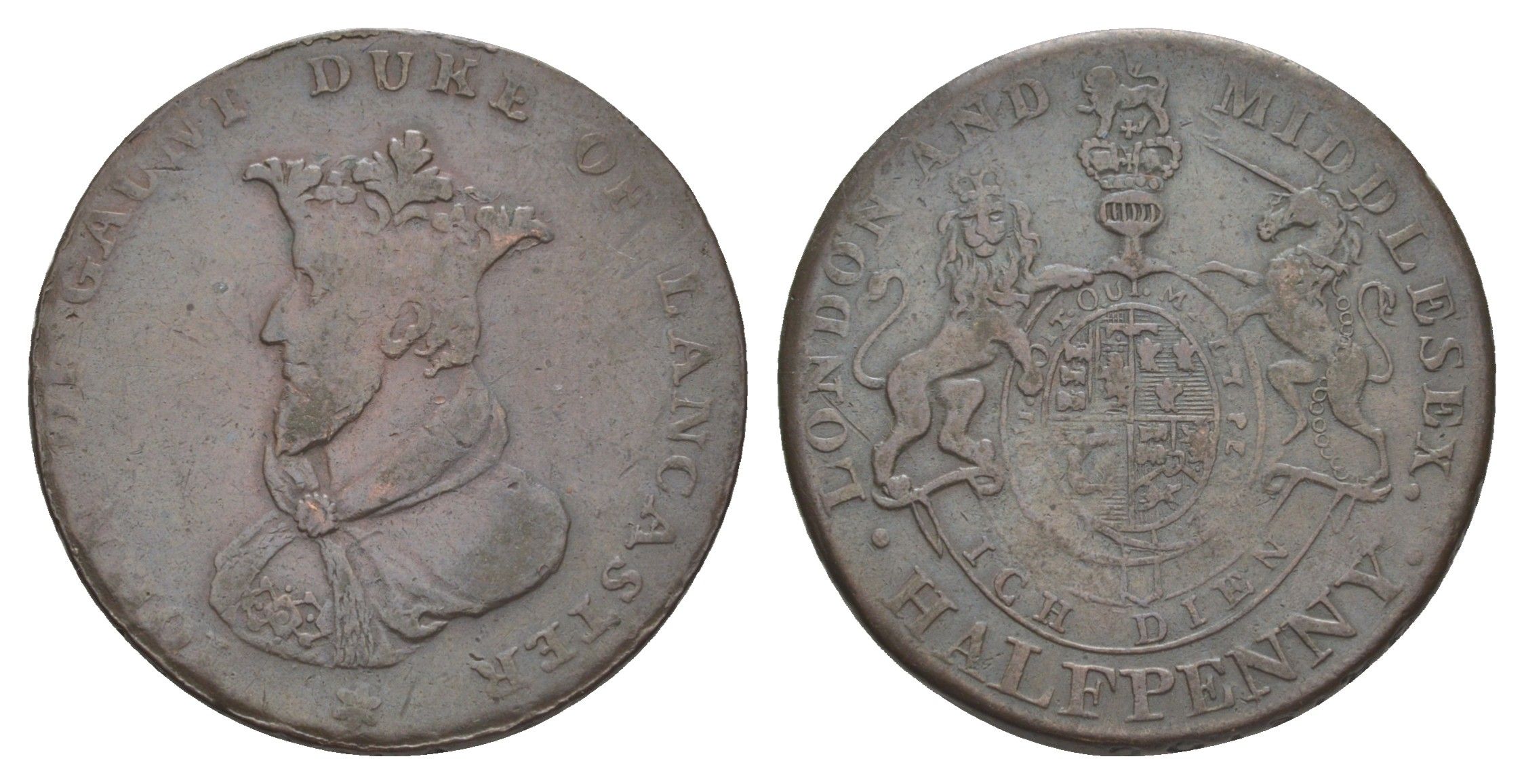 Великобритания, Лондон и Мидлсекс 1/2 пенни ND токен, национальная серия - Джон Гонт Dalton & Hamer 957 медь 1526-621