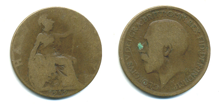 Великобритания 1/2 пенни 1919 Георг V (1910-1936) KM 809, Spink 4056 бронза 4383-913